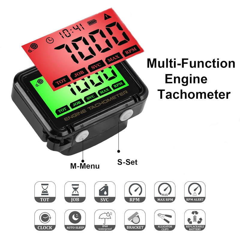 Digital Tachometer, Tach Hour Meter, Small Engine Tachometer with RPM Alarm, Clock, Battery and Memory Function, Auto Sleep and Reset, for Snowmobile Skis Motor Bike Go Kart Lawn Mower