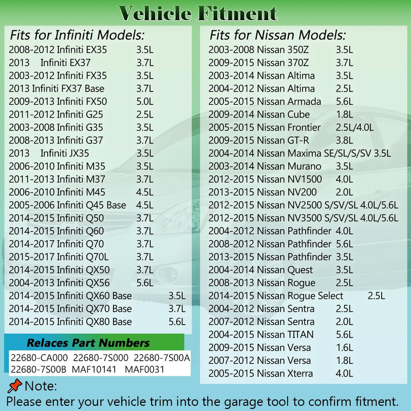 Mass Air Flow Sensor MAF Sensor 22680-CA000 Compatible with 2003-2014 Nissan Altima Frontier Maxima Murano Pathfinder Rogue Sentra Titan Xterra Infiniti Replaces OE# 22680-7S000, 22680-7S00A