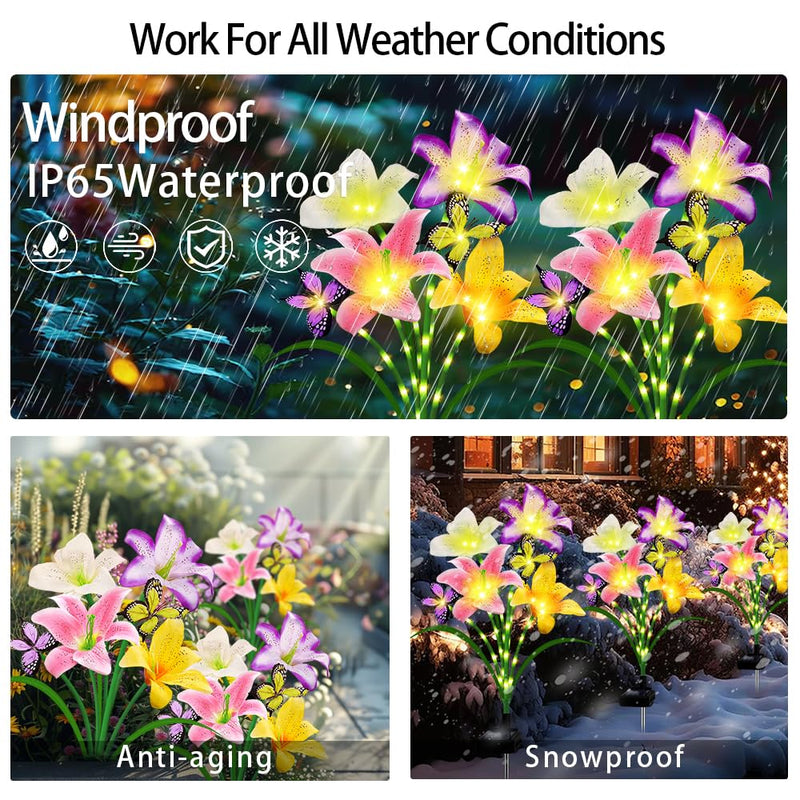 Solar Garden Lights 4 Pack LEDs Solar Lilies Flower Lights, Yard Patio Pathway Decoration High Flexibility Copper Wire Handmade Silk Artificial Flowers Never Wither, Gift for Family Friends