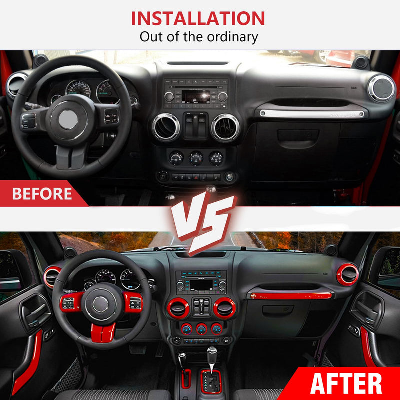 26PCS Full Set Interior Trim Kit Compatible With Jeep Wrangler JK JKU 2011-2018 2&4-door Inner Center Console Trim, Door Handle, Cup Holder Cover (Red Decoration Kit) Christmas Car Decorations Red
