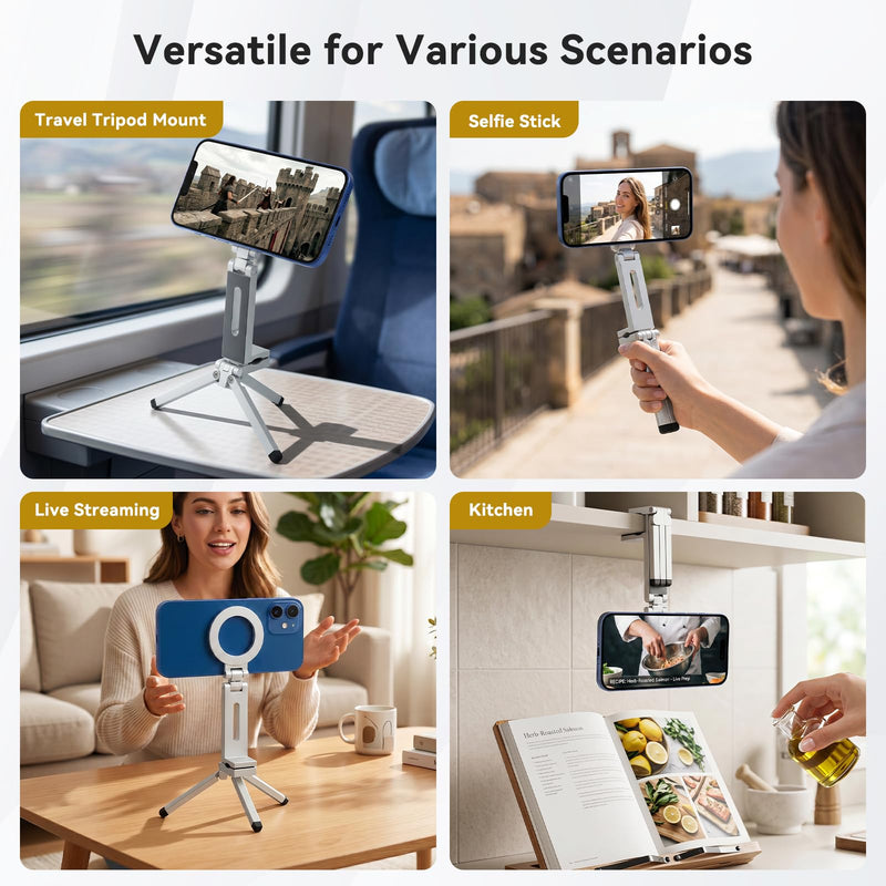 360° Rotating for MagSafe Tripod, for iPhone 17 16 15 14 13 Pro Max | Aluminum Adjustable Magnetic Phone Stand with Clip, Magsafe Tripod Stand Fits Vlog, Gym, Travel Essentials Accessories