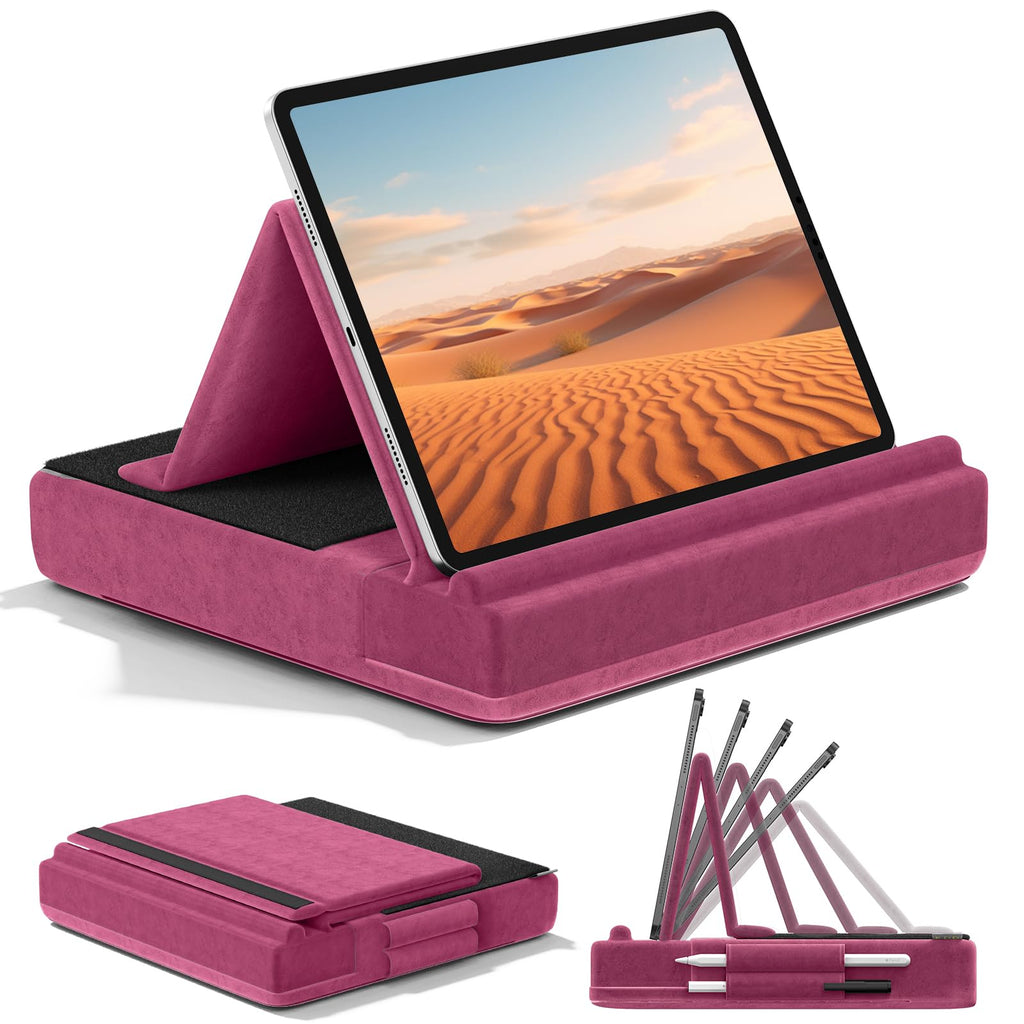 KDD Tablet Pillow Stand, Multi-Angle Viewing I-pad Holder for Lap, Bed and Desk, Foldable Soft Pad Dock with Stylus Mount Compatible with I-pad Pro 12.9, 10.5, 11, Air, Mini, Phones, Books, E-Reader Purple