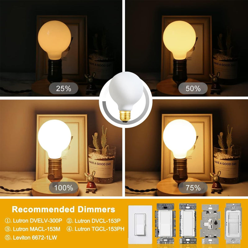 LEOOLS G25 LED Light Bulb E26 Base Matt Opal Porcelain Warm White 2700K Dimmable Edison 8W Led Globe Bulb,850LM,75 Watt Equivalent,Outside Frosted Glass,G80 Vintage LED Edison Globe Light Bulb,4 Pack. 1 8w=75w 2700k Warm White