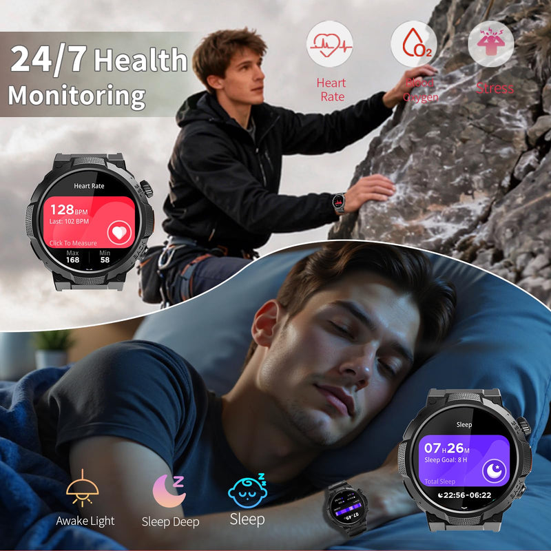 Soudorv Military Smart Watch for Men, 50+ Day Battery Life, Bluetooth Call | 1.53" HD, 110+ sports modes, heart rate/sleep monitor, IP68 waterproof, Fitness Watch with LED Flashlight for iOS/Android Black