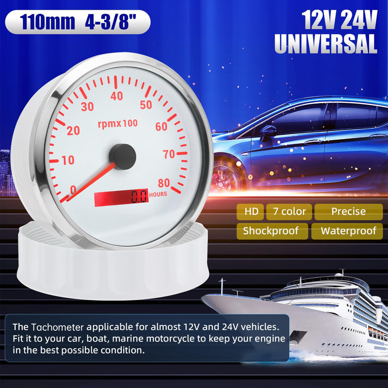 ARTILAURA 110mm 4-3/8" Tachometer 8000 RPM Boat RPM Gauge 7 Color Marine Large Tachometer for Car AUTO Truck 9-32V (White) White 8000RPM 110mm