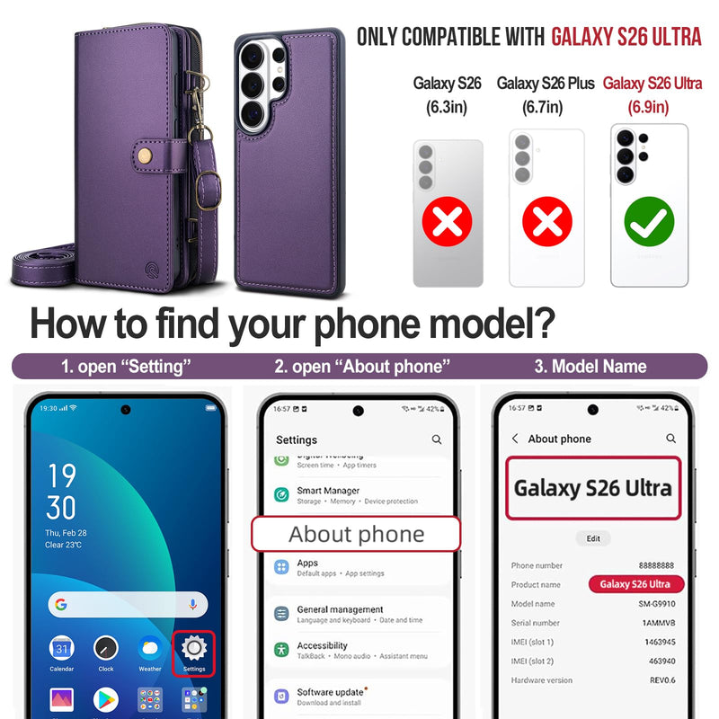 for Samsung Galaxy S26 Ultra Detachable Wallet MagSafe Case, Purple | PU Leather,RFID Blocking,Zipper Purse,11 Card Slots,Crossbody Strap,Kickstand,Shockproof,Flip Cover,Magnetic 3in1 Phone Case