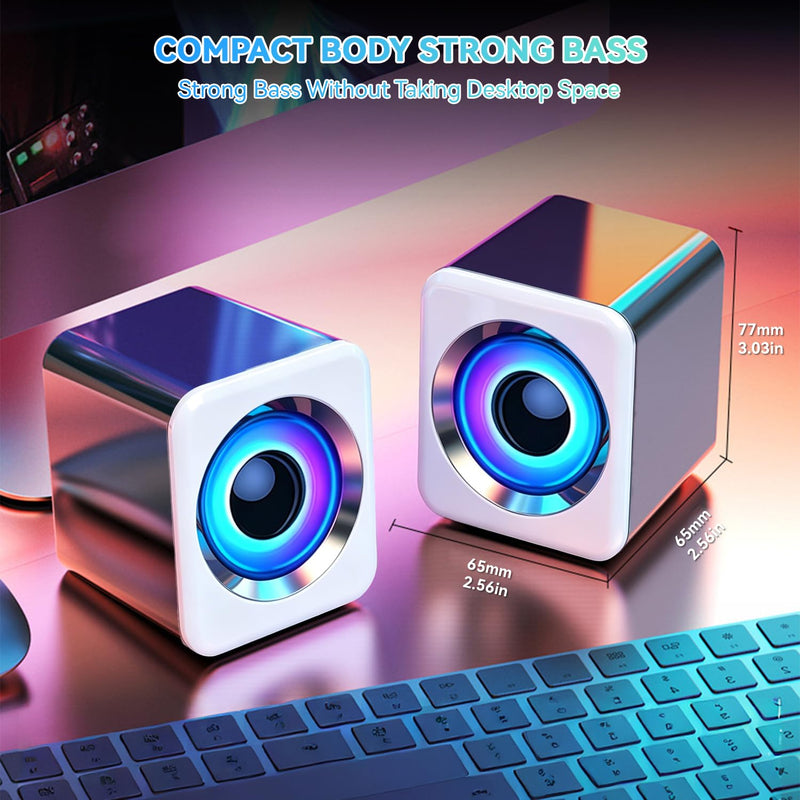 Computer Speakers, New Diamond Diaphragm Design, USB Wired Unit with Volume Control, 3.5mm Audio Jack Delivers Rich Stereo Sound, Compatible with Phones, Tablets and MP3 Players(White) White