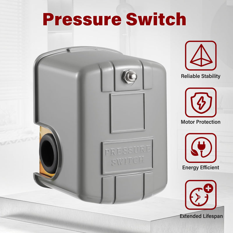 Well Pressure Switch 40/60 PSI for Well Pump, Automatic On/Off Water Pump Pressure Switch with Adjustable Differential, 1/4" NPT Connection for Residential Water Systems, Irrigation and RV