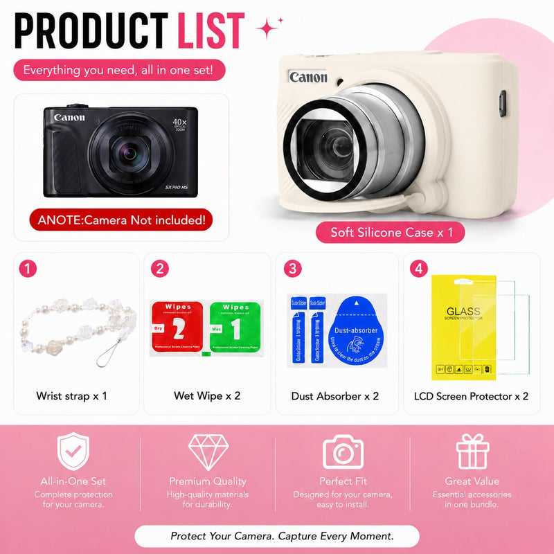 Camera Case for Canon PowerShot SX740 HS/SX730 HS,Soft Silicone Protective Cover with Removable Lens Cap,tempered glass Screen Protector&Wrist Strap,Camera Accessories (Beige) Beige