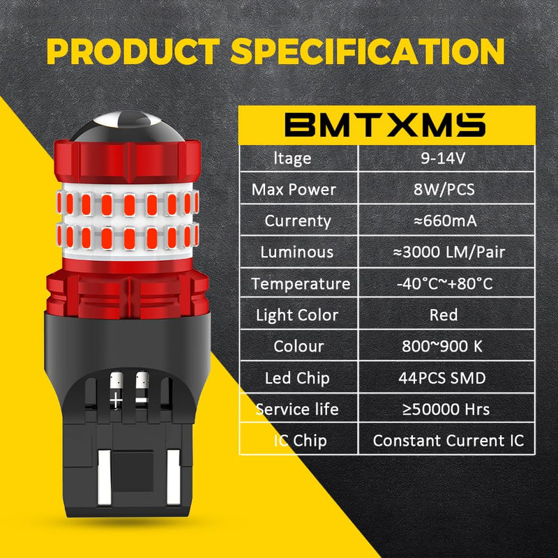 BMT xms 7443 LED Strobe Brake Lights Bulbs Red Light, Super Bright T20 W21W 7440 7441 7444 7443R Flashing Strobe Light, Pack of 2