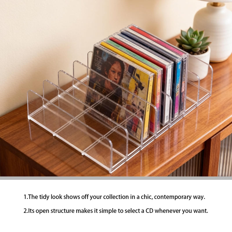 2Pk Acrylic CD Rack Clear, DVD Vinyl Record Display Stand | Scratch-Resistant Thickened Acrylic — Holds 14 Standard CD Cases Each (28 Total),fits Cassettes& Makeup Storage