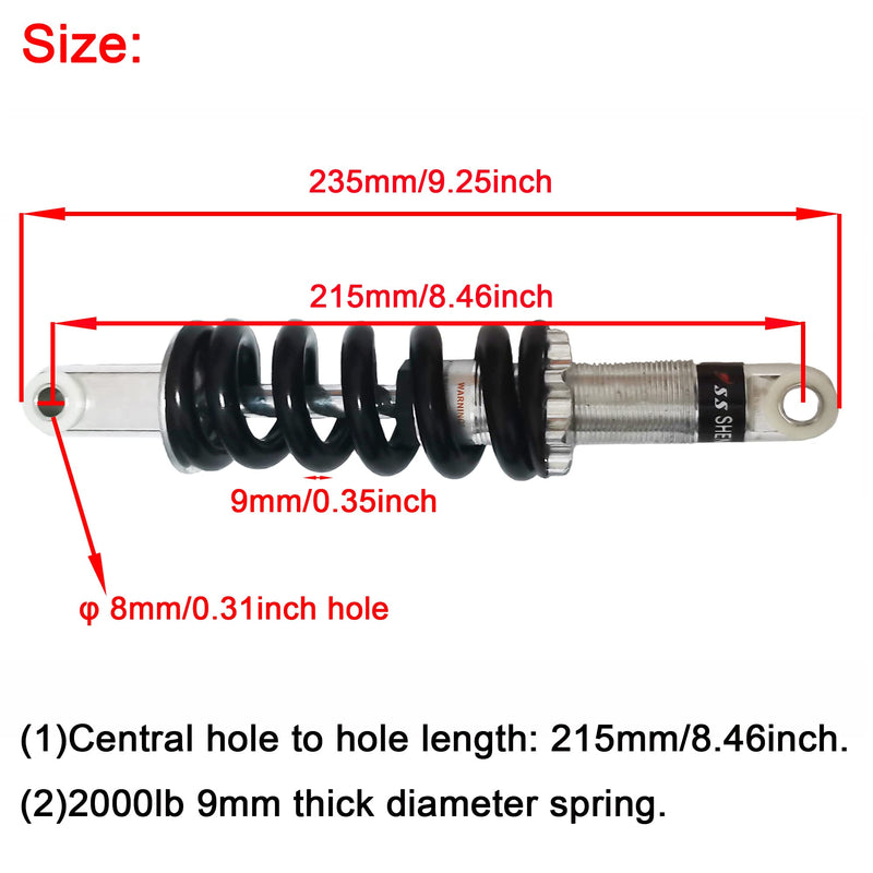 Universal Rear Shock Absorber,215mm/8.46inch 2000LBS Suspension Spring Shocks Fits for Electric Bike,Mini Motorcycle,Dirt Bike,ATV,Go Kart,MTB Bicycle(215mm/8.46inch) 215mm/8.46inch