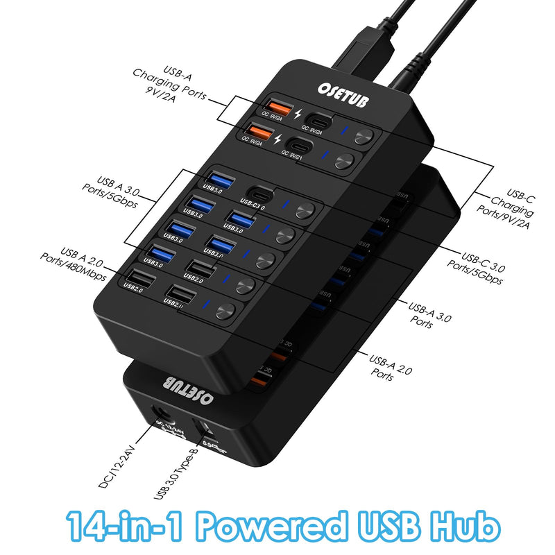 14-in-1 Powered USB Hub, USB Data Hub w LED Individual On/Off Switches for MacBook/PC/Steam Deck & External HDDs, 6 USB 3.0,3 USB 2.0,2 USB-A/C Charging,1 USB-C 3.0,1x PD 60W,1x Type-B for HDD Dock