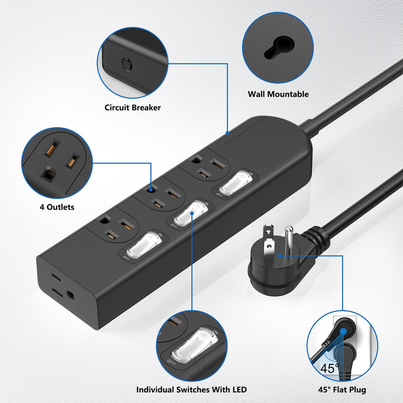 Small Power Strip with Individual Switches, 3FT Extension Cord | 3 Switched Outlets with LED and 1 Always-On, Wide-Spaced, Mountable for Aquarium, 1500W/12A, Flat Plug, Black