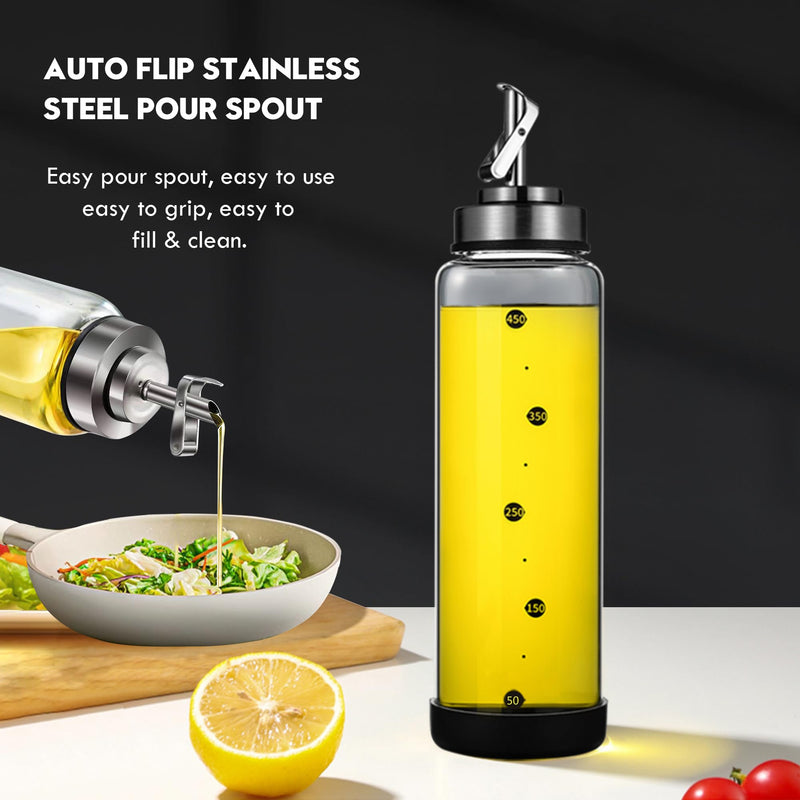 Glass Olive Oil Dispenser Bottle for Kitchen Shatterproof & Leakproof Cooking Oil Dispenser with Stainless Steel Spout & Rubber Bottom 17 oz Heat Resistant Olive Oil Bottle Clear - Premium Glass Bottle