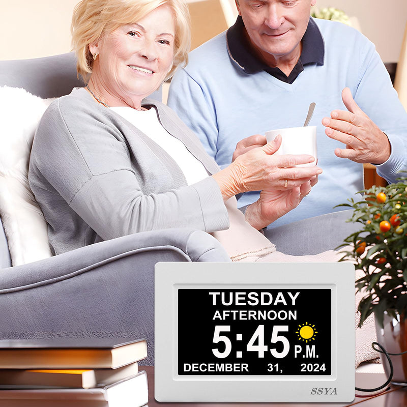 SSYA Digital Calendar Alarm Clock - Dementia Clocks for Seniors, Non-Abbreviated Memory Loss Clock with Date and Time for Elderly (White) 7" White