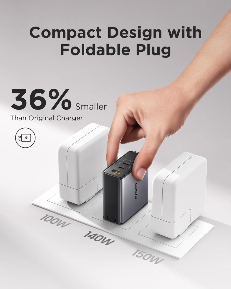 PISEN 140W USB C Charger - PD3.1 GaN Fast Charger USB C 3-Port Foldable Charging Block 140Watt Power Adapter with 6FT 240W Type-C Cable, 140W Charger for MacBook, Laptops, Samsung, iPad, iPhone Series