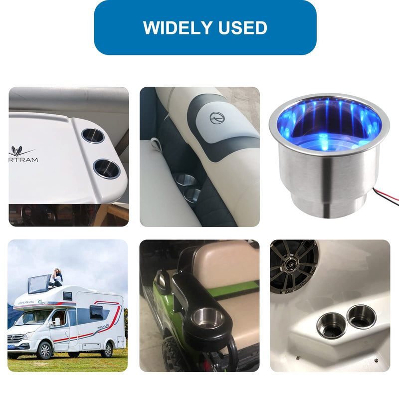2PCS Boat Cup Holder, Stainless Steel Boat Cup Holder Insert, Blue Led Cup Holder Lights for Boat with Drain, 12V Waterproof Polished Drink Holder, Yeti Cup Holder for Marine, Boat, RV, Camper Blue*2