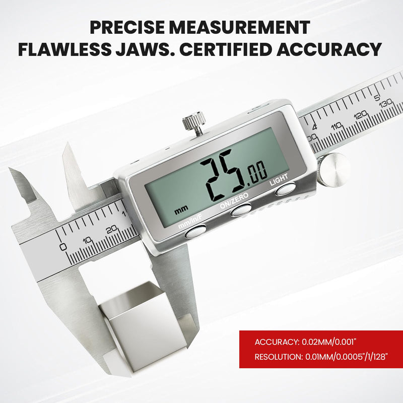 Digital Caliper 6 Inch, Rechargeable Calipers with Backlight LCD Screen, Stainless Steel Caliper Measuring Tool, Auto-Off Micrometer, Inch/MM/Fraction Conversion for 3D-Printing/DIY/Household 6In