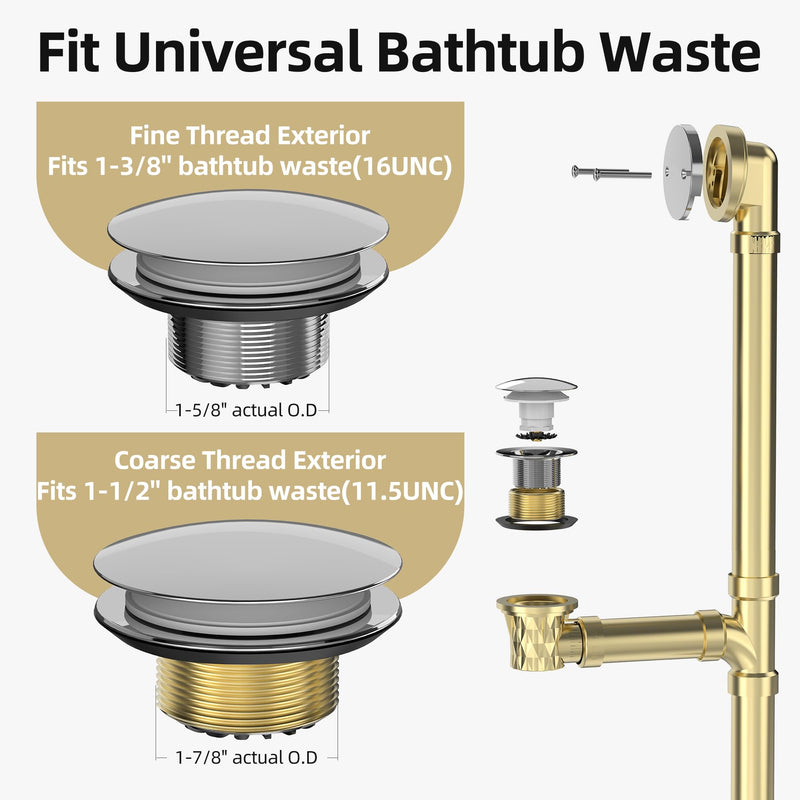 Chrome Plated Tub Drain Kit with Hair Catcher, Premium Brass Mushroom Tip-Toe Bathroom Tub Drain Replacement and 2-Hole Overflow Faceplate, 11.5/16 UNC Bathtub Drain Stopper Assembly Chrome Plated