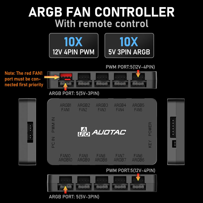 ARGB PWM Fan Hub with RF Remote Controller for PC Build, (Connect Ten Case Fans, 5V 3Pin ARGB & 12V 4Pin PWM Fan Connector, Stable Dual SATA Power Input, Magnetic Suction), Black