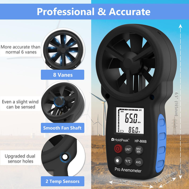 HoldPeak 866B Digital Anemometer Handheld Wind Speed Meter for Measuring Wind Speed, Temperature and Wind Chill with Backlight and Max/Min 1Pcs 866B Anemometer
