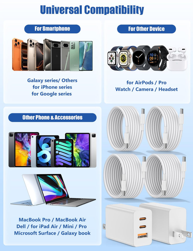 Susnwere 85W C Wall Charger Block for iPhone 17/16/15 Pro Max, 3port 100W USB C Fast Wall Charger Adapter Plug and 4Pack 6/6/10/10FT Long USBC Quick Charge Cable Cord for iPhone/ipad/MacBook Pro/Air (6+6+10+10)ft White