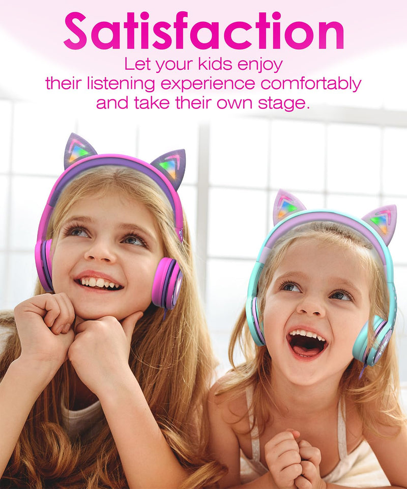 FosPower Kids Headphones with LED Cat Ears (Safe Volume Limit 85 dB), 3.5mm On-Ear Wired Headphones with Laced Tangle-Free Cables for Boys/Girls/School/Travel - Hot Pink/Purple Hot Pink / Purple