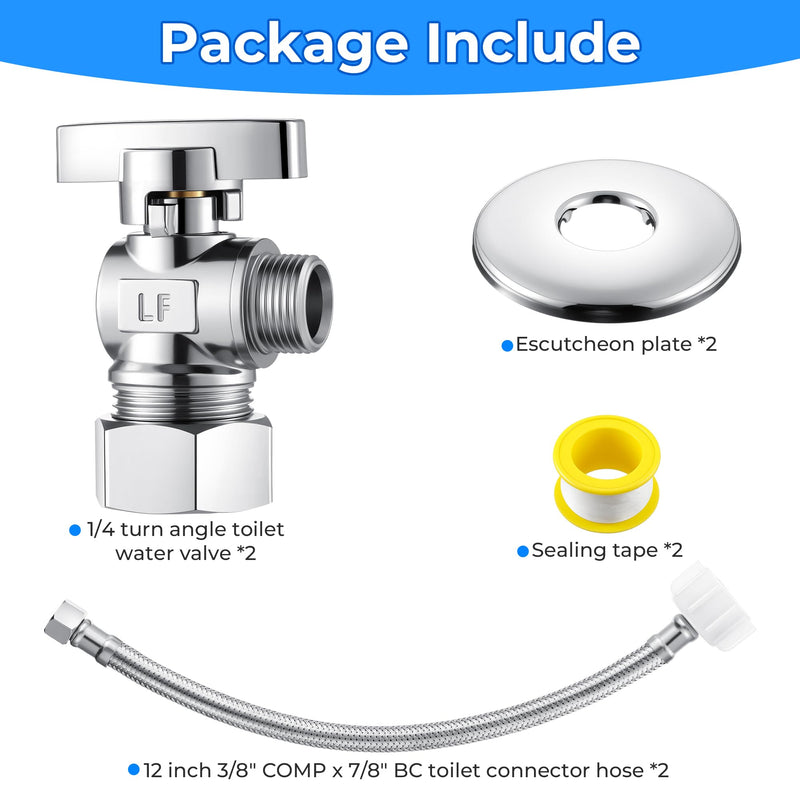 2 Pack Complete Toilet Valve Set, Includes 1/2'' Nom Inlet x 3/8'' OD Compression Outlet Angle Shut Off, 7/8" BC x 3/8" COMP Toilet Water Supply Line, Escutcheon Plate, Sealing Tape (12 Inch) 2 12 Inch