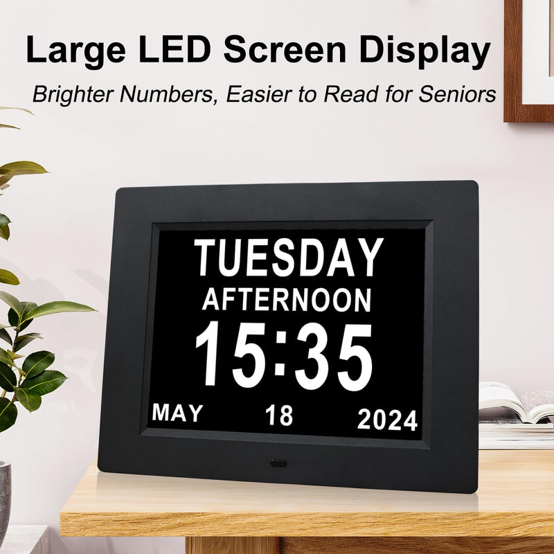 TMC 【New 2026】 Dementia Clock Large Digital Clock for Seniors, Large Display with Custom Alarms, Digital Calendar Alarm Day Clock with Day & Date for Elderly, Clear Numbers Alzheimer (Black, SD) 8010-black