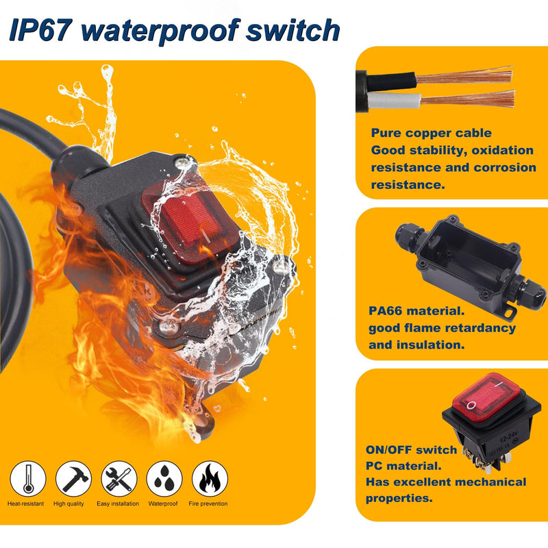 weideer Heavy Duty Extension Cord with IP67 Waterproof Switch On/Off, 10FT 18AWG Cable Piggyback 3pin Plug, Red LED 20A 250V Inline Cord Switch K-184-3M 10 ft
