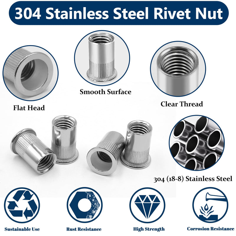 Metric & SAE Rivet Nut Assortment Kit(300 Pcs), M3 M4 M5 M6 M8 M10 M12#8-32#10-24 1/4"-20 5/16"-18 3/8"-16 304 Stainless Steel Rivnut Set UNC Flat Head Nutsert SAE & Metric Assortment - 300 Pcs Silver