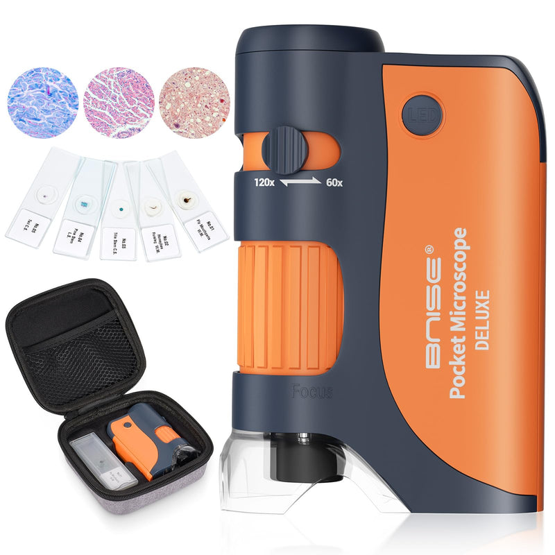 BNISE Pocket Microscope, Portable Mini Microscope Kids 60X-120X, Handheld Microscope with 5 Microscope Slides and Carrying Case for Microbiological Observation Lab Study Educational