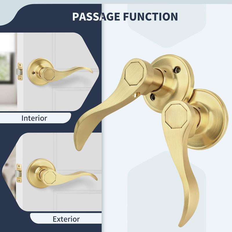 Wave Style Door Lever, Brushed Gold Passage Door Handle, Keyless Gold Interior Lever Reversible for Left/Right Handed for Hallway and Closet with Satin Brass Finish, 1 Pack Passage (No Lock & keys)