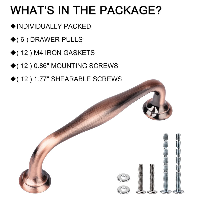 WEAVERBIRD 6 Pack Cabinet Handles Red Copper 3-3/4" Hardware Pull Handles, Antique Dresser Drawer Pulls 96mm Furniture Drawer Pulls 96 mm