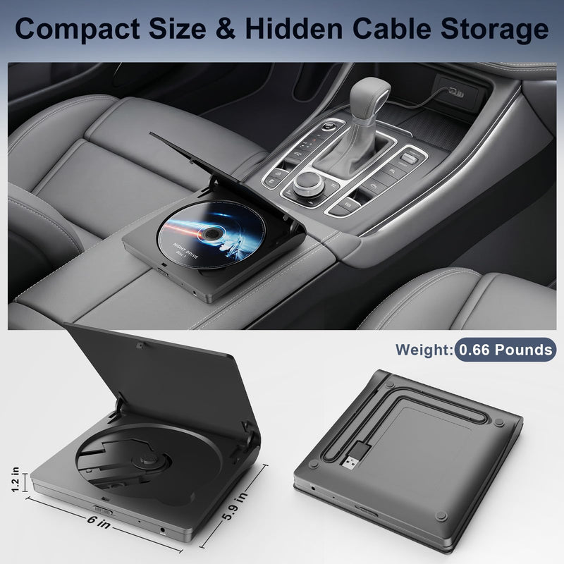 External CD Player for Car, USB/AUX Connection, Universal Compatibility | Portable, Anti-Skip, Shockproof, Vehicles, Resume, Steering-Wheel Remote, Compact Design, Hidden Cable, Plug & Play