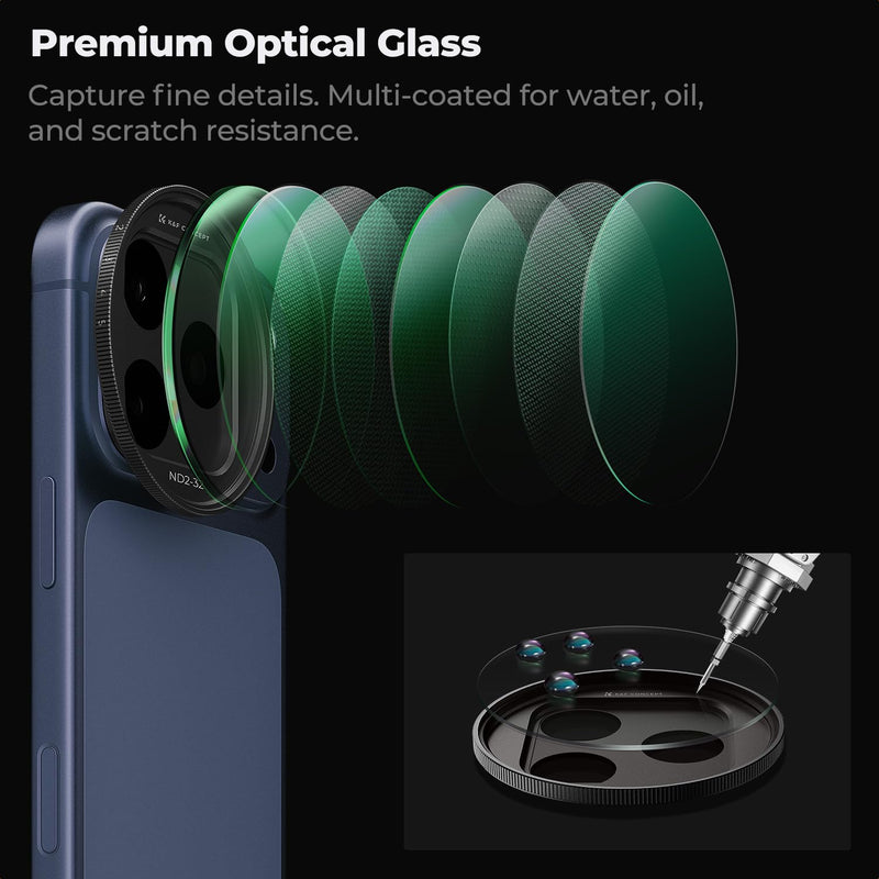 K&F CONCEPT Snap-On ND2-32 Filter Compatible with iPhone 17 Pro & Pro Max | 11.2g Ultra-Lightweight Variable ND Lens Filter with Snap-on Deco Mount, AGC Glass 28-Layer Coating, FA301 Black