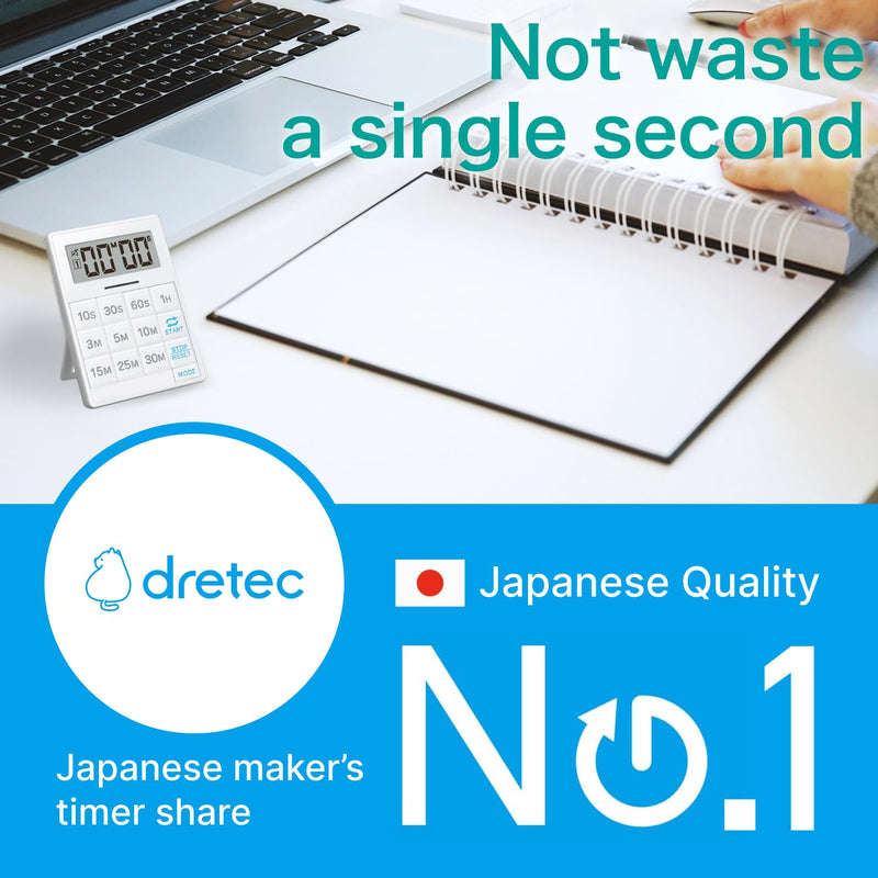 dretec One-Push Timer, Just Press, Easy, Time Saving, Interval, Silent, Kitchen Timer, Digital, Magnet, Stand, Light, Study, Muscle Training, Sports, White One push