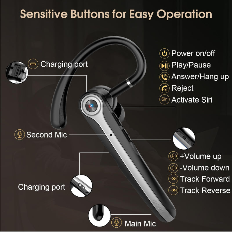 Atheewon Bluetooth Headset, Wireless Bluetooth Earpiece, Black | ENC Noise Canceling Mic, 120Hrs Talk, LED Display, IPX7, V5.4 Hand-Free Earphone for Business/Trucker/Driver
