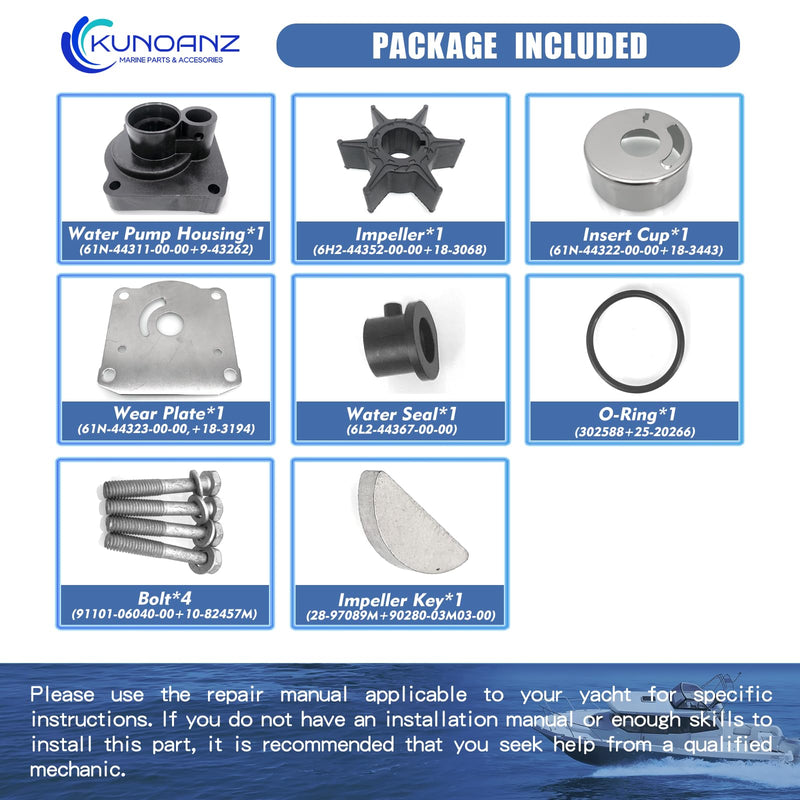 61N-W0078-11-00 Water Pump Impeller Repair Kit For Yamaha 25 30 HP 4-Stroke Outboard 25HP 30HP 61N-W0078-10,61N-W0078-13,61N-W0078-14-00 Sierra 18-3432 F25 C30 1993-2019 25/30 HP