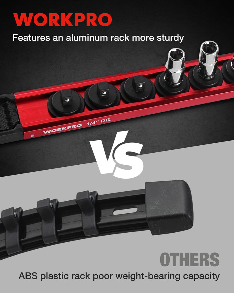 WORKPRO Magnetic Socket Organizer Set, 1/2" 3/8" 1/4" Drive Aluminum Alloy Socket Holder with Removable Socket Clips for Quick Customization, 6PC Socket Rail for Tool Box Drawer (Sockets Excluded) 6 Pieces-1/4", 3/8" & 1/2" DR Red & Blue