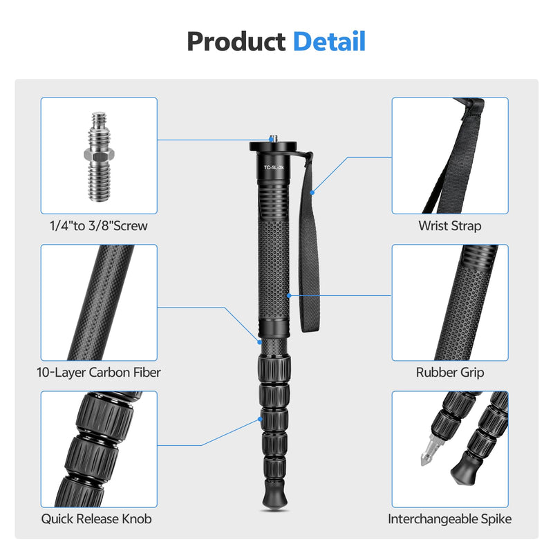 TONYBOO 61" Carbon Fiber Camera Monopod,28mm 6-Section Height,Portable Lightweight,Max Load 16 lbs,Monopod for DSLR Mirrorless Cameras Camcorders Compatible with Canon Nikon Sony