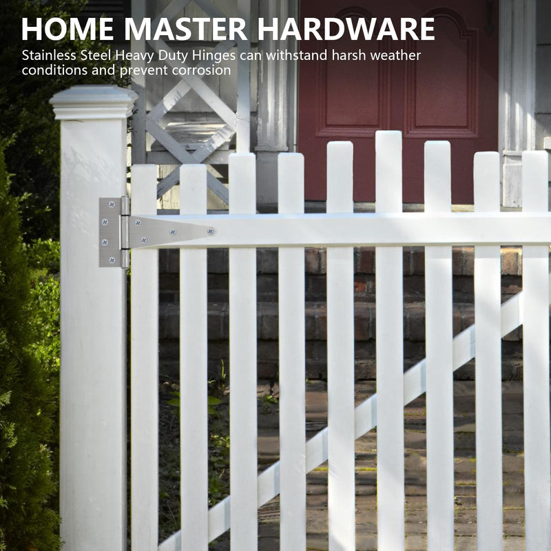 HOME MASTER HARDWARE 6 Inch Stainless Steel Gate Hinges for Wooden Fences Heavy Duty Tee Hinges,Shed Door Hinge,T-Strap Hinge for Outdoor Barns Gate with Screws 4 Pack 6" - 4pack