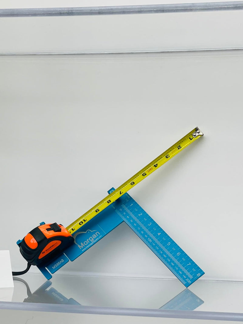 Kiwi Vision® Morgan™ Square Blue 8-inch: Single Motion Measuring & Marking, Centerline Mark, Tongue is 1 1/2, Pencil Holder, 1 1/2 Mark for Openings, Imperial and Metrics, Standard Tape Measure Mount Blue Aluminum