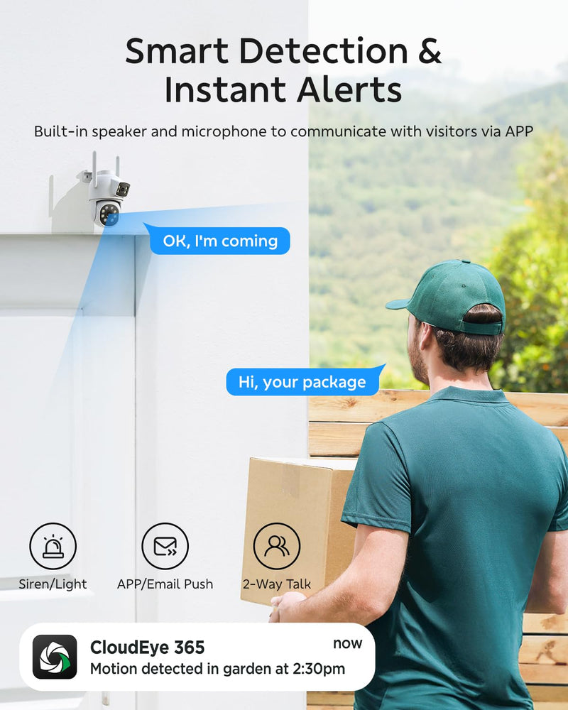 Dual Lens Security Cameras Wireless Outdoor, 2K Full HD Video, 360° View Pan/Tilt Home Security Camera with Color Night Vision, PIR Alarm, 2.4G/5G WiFi, Auto Tracking, 2-Way Audio, Easy to Install Single Camera