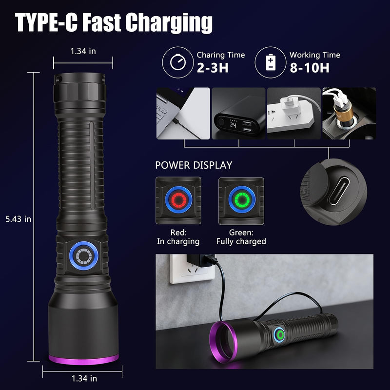 365nm UV Flashlight Black Light Rechargeable, Powerful Blacklight Flashlights, Portable UV Light for Pet Urine Detection, Resin Curing, Rocks, Bed Bugs, Scorpion, Yooperlite, Uranium Glass, AC Leak