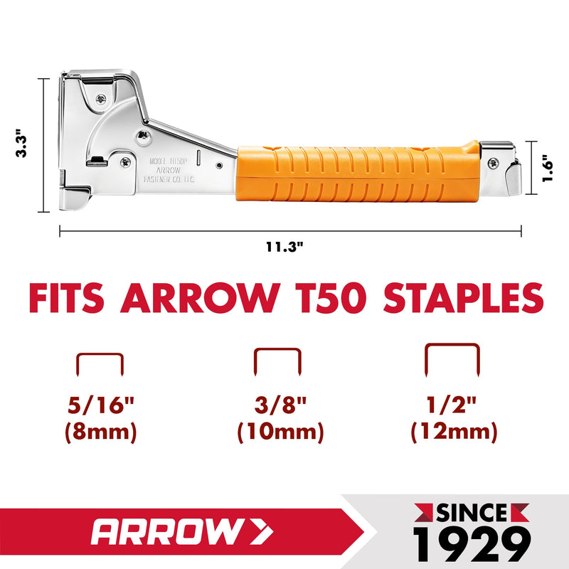 Arrow HT50 Heavy Duty Hammer Tacker, Chromed-Steel Manual Stapler with Sure-Grip Handle, Dual-Capacity Rear-Load Magazine, Fits 5/16”, 3/8", or 1/2" Staples (1-Pack)