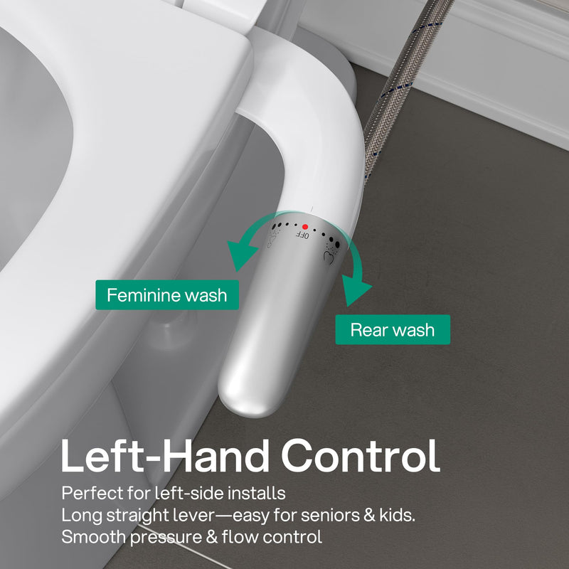 hansrapo Left-Hand Bidet Attachment – Left Side Control for Tight Bathroom Spaces, Non-Electric, Dual Nozzle, Adjustable Water Pressure, Self-Cleaning,Ultra-slim Left Handed Bidet. TBL03