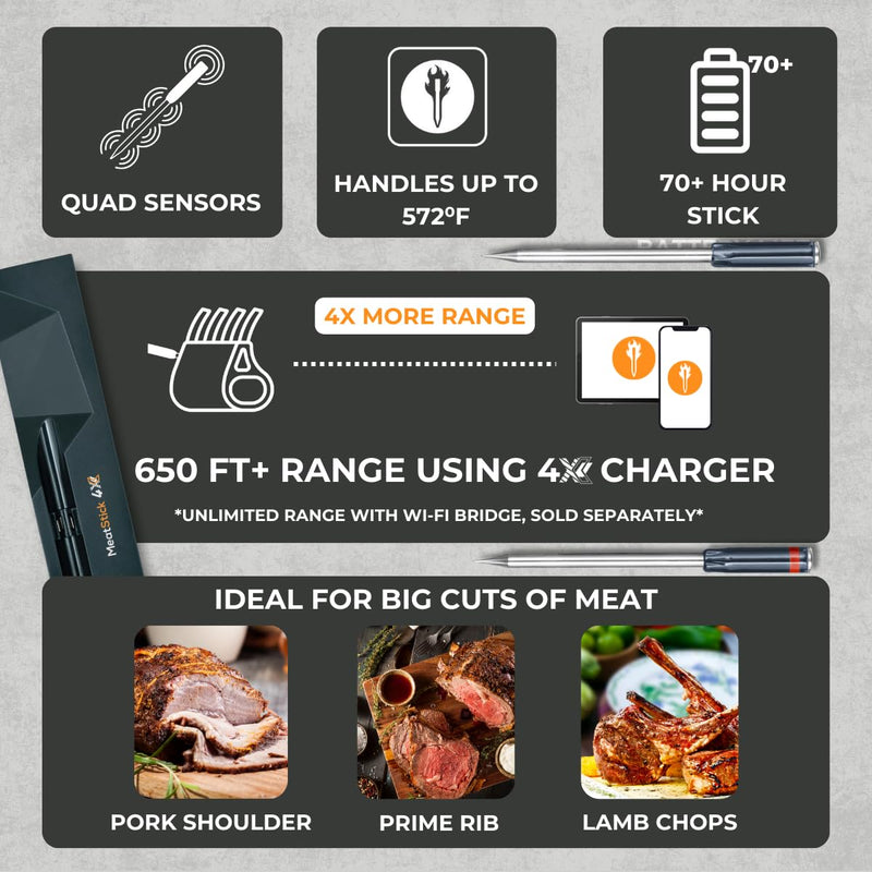 MeatStick 4X Wireless Meat Thermometer for Grilling and Smoking, Bluetooth Temperature Probe with 4 Sensors, 650ft+ Range for BBQ, Smoker, Oven MeatStick 4X Set (650ft+ Range)