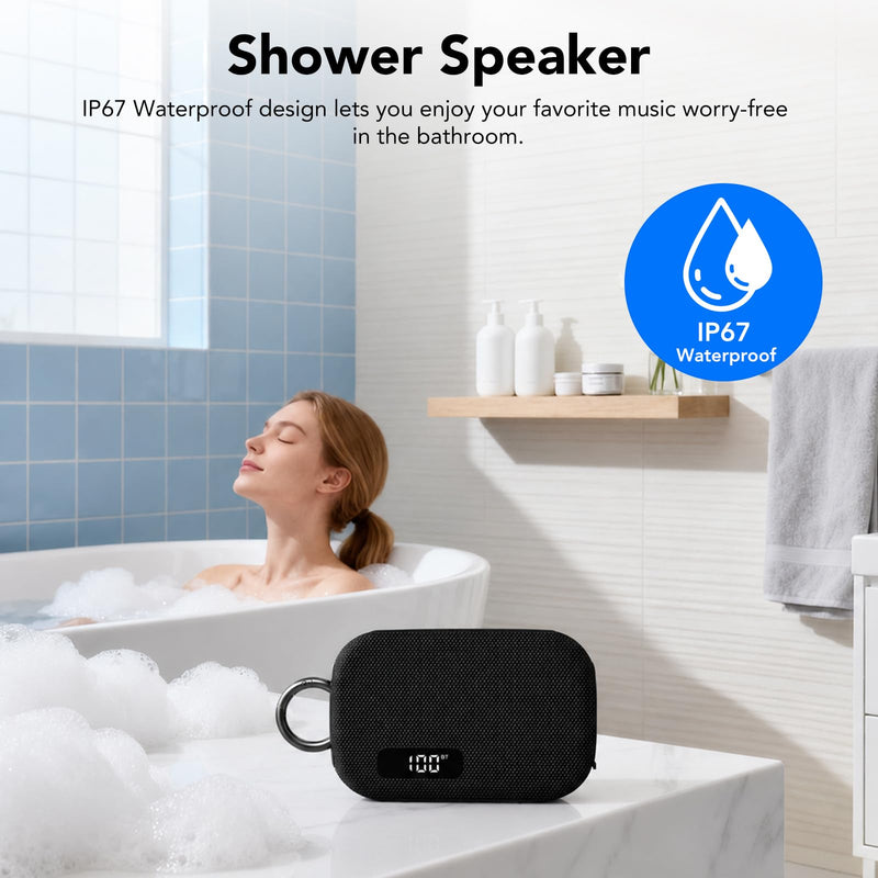 Portable Bluetooth Speaker, IP67 Waterproof Shower Speaker with Digital Battery Display, Powerful Sound, 24H Playtime, TWS Pairing, USB/TF Card, Small Speaker for Outdoor Travel Home, Gift-Black Black